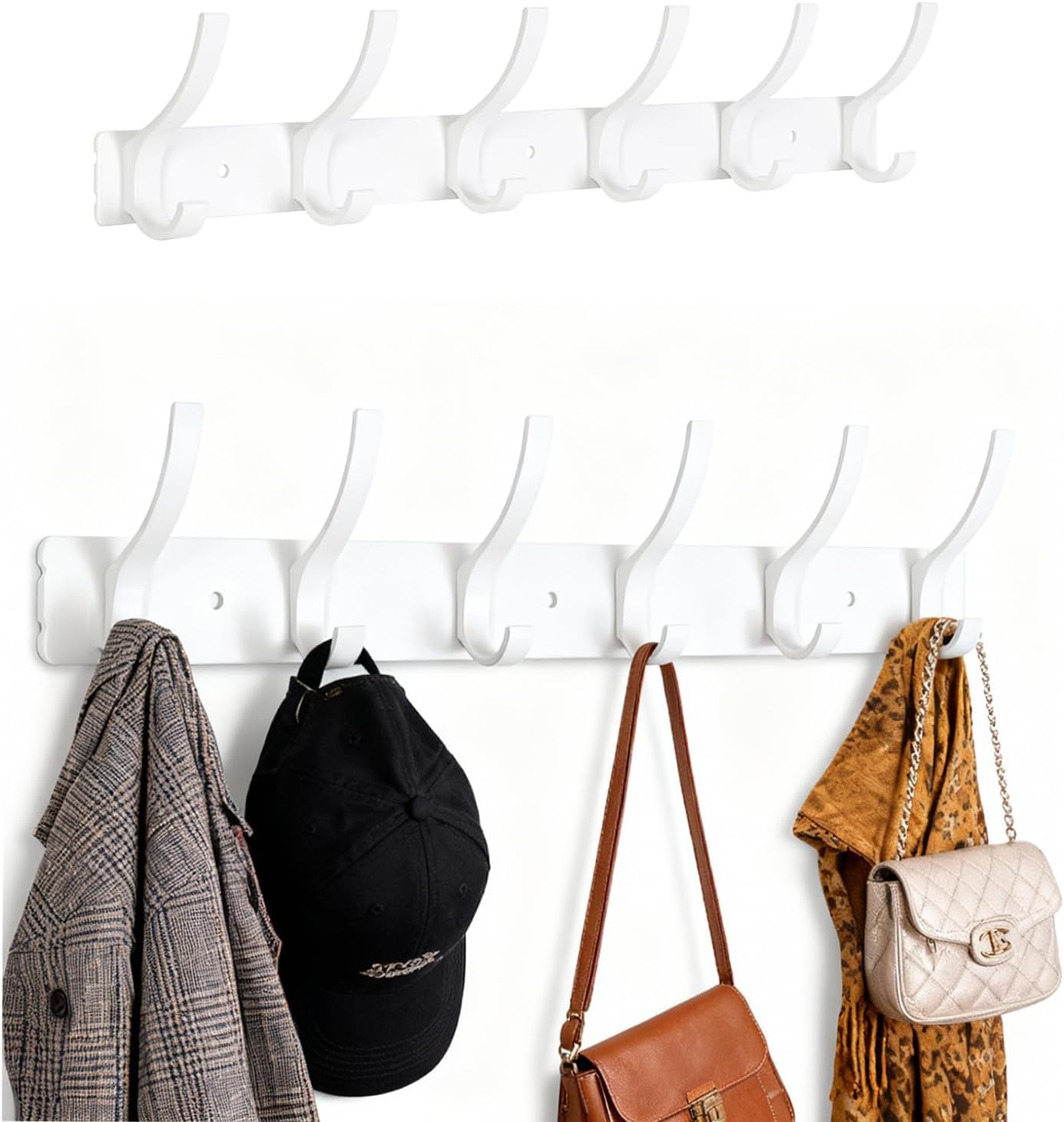 2 Pack White Wall Mounted Coat Rack - 15 Inch Arc Shaped Design with 6 Hooks for Hanging Coats, Bags, and Towels in Entryway, Livingroom, Bedroom, Bathroom and Kitchen