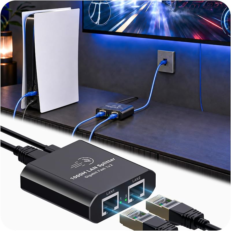 Ethernet Splitter 1 to 2 Mini Gigabit Internet Switch 1 in 2 Out LAN and RJ45 Port Splitter High Speed Network Adapter for 5/5e/6/7/8 with USB c Power Cable
