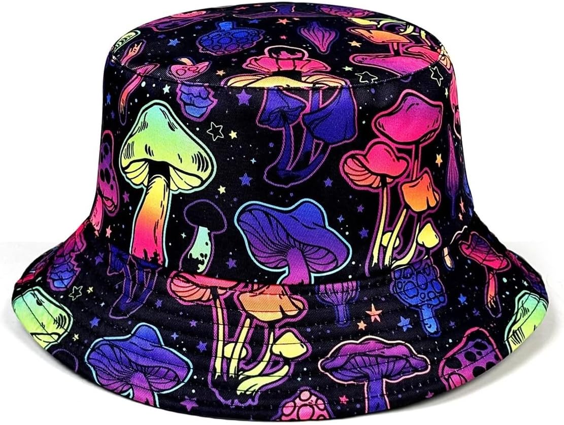 Dreamy Colorful Mushroom Bucket Hat, Reversible Sun, Foldable Stylish Cloche, All-Season, For Outdoor Activities