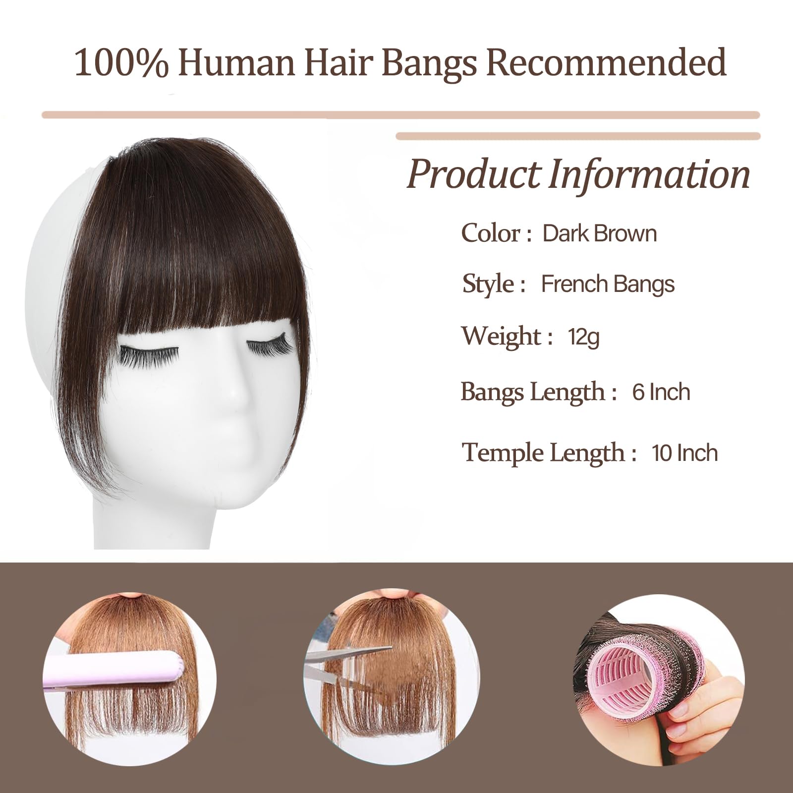 Amazon.com : Real Human Hair Clip In Bangs Dark Brown French 