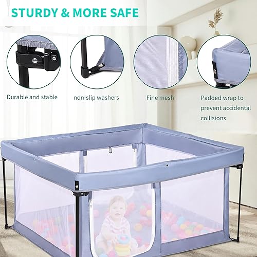 Miniatura 3 de Corralito portátil para bebés con suelo acolchado, patio de juegos plegable para bebés y niños pequeños, cerca para interiores y exteriores (gris