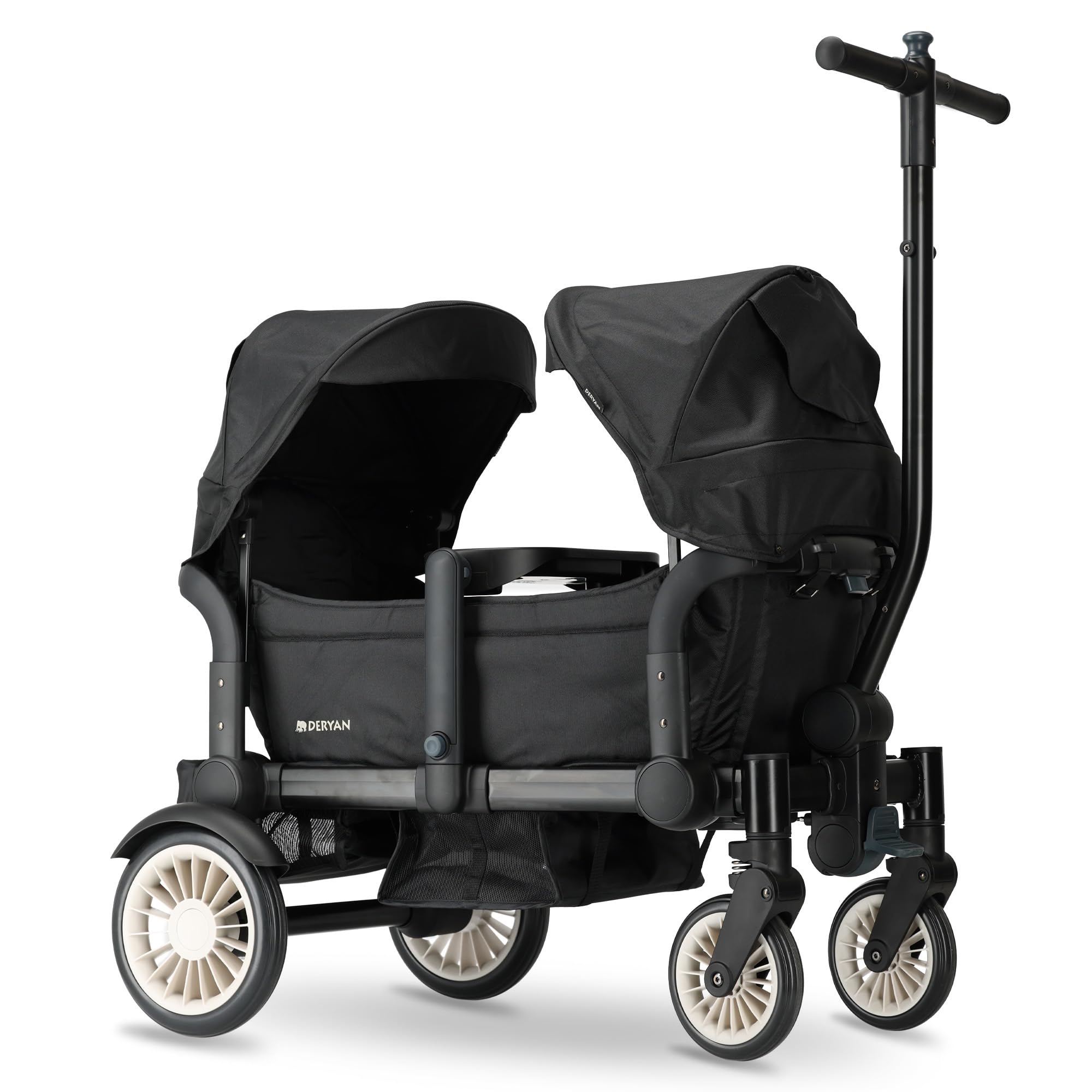 Deryan Sandy Bollerwagen Faltbar für 2 Kinder (9 Monate bis 5 Jahre), Dach Klappbarer Handwagen, Sonnenschutz für Ausflug Strand Camping, abnehmbarem Tablett, Verstellbarer Griff, mit Bremse, Schwarz