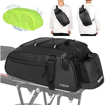 FINEW 2-in-1 Bicycle Bag for Pannier Rack 12L PU Fabric Pannier Rack Bag Bicycle Multifunctional Rear Pannier Bag with Rain Cover and Backpack Function Waterproof and Reflective