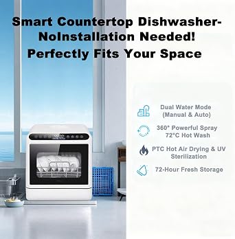 Portable Dishwasher Countertop Countertop Dishwasher with Built-In 5L Tank, Mini Dishwasher for Small Apartments, 3 Wash Programs, Glass Door, Compact Dish Washer for RV Kitchens