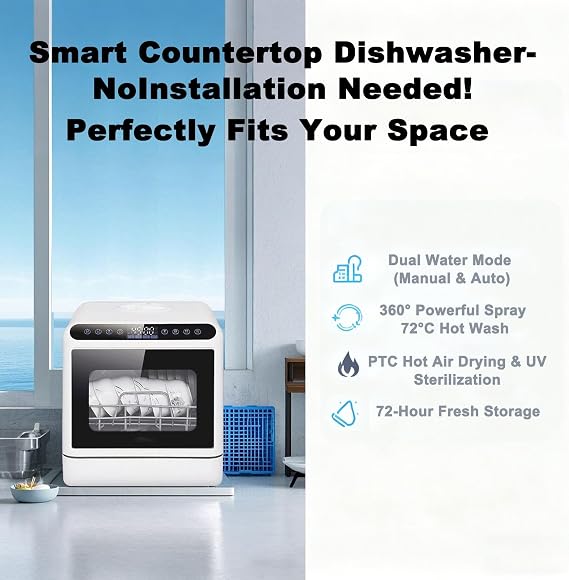 Portable Dishwasher Countertop Countertop Dishwasher with Built-In 5L Tank, Mini Dishwasher for Small Apartments, 3 Wash Programs, Glass Door, Compact Dish Washer for RV Kitchens