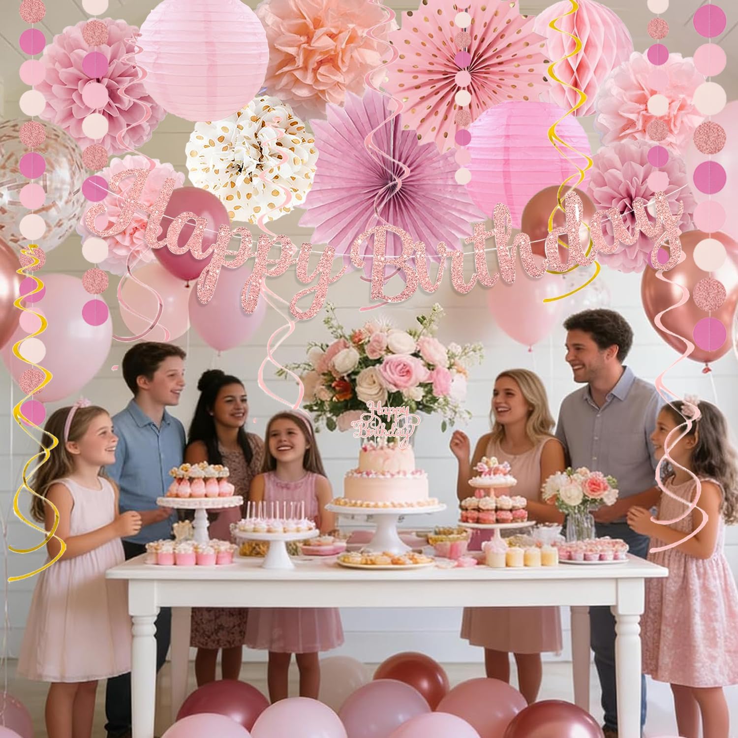 Blush Pink Boho Birthday Party Decorations - 62pcs Happy Birthday Banner, Pink Rustic Paper Lanterns, Streamers, Tissue Pom Poms,Rose Gold Party Balloons, Birthday Decorations for Women Girl image 4
