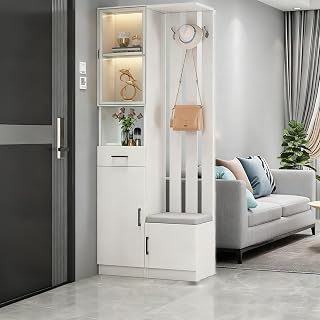 Wall Room Divider,Wood Privacy Screens,Entrance Hall Partition,with Storage Cabinet/Cushion Stool/Drawer/Coat Rack/,for Home/Office/Teahouse Decorative(White,80cm/31.4in)