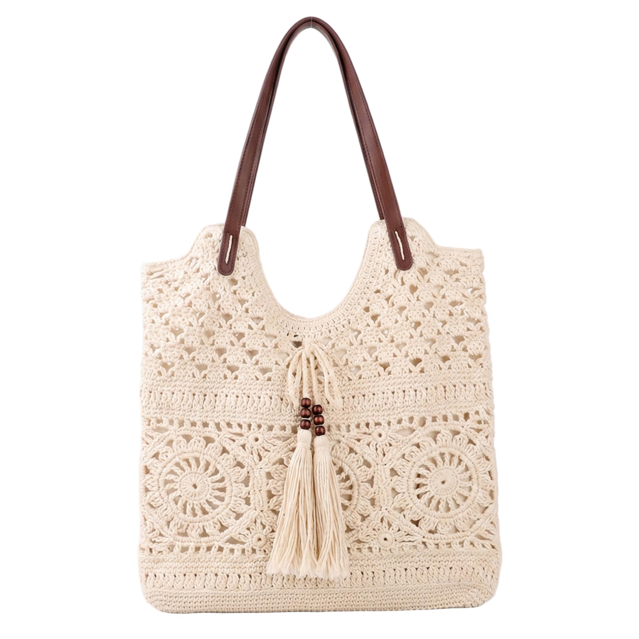 Ameble Unisex Beige Handmade Crochet Woven Purse For Women, Hollow-Out Knit Shoulder Bag With Tassel, Cotton Rope Woven Handbag, Summer Beach Boho Bag,