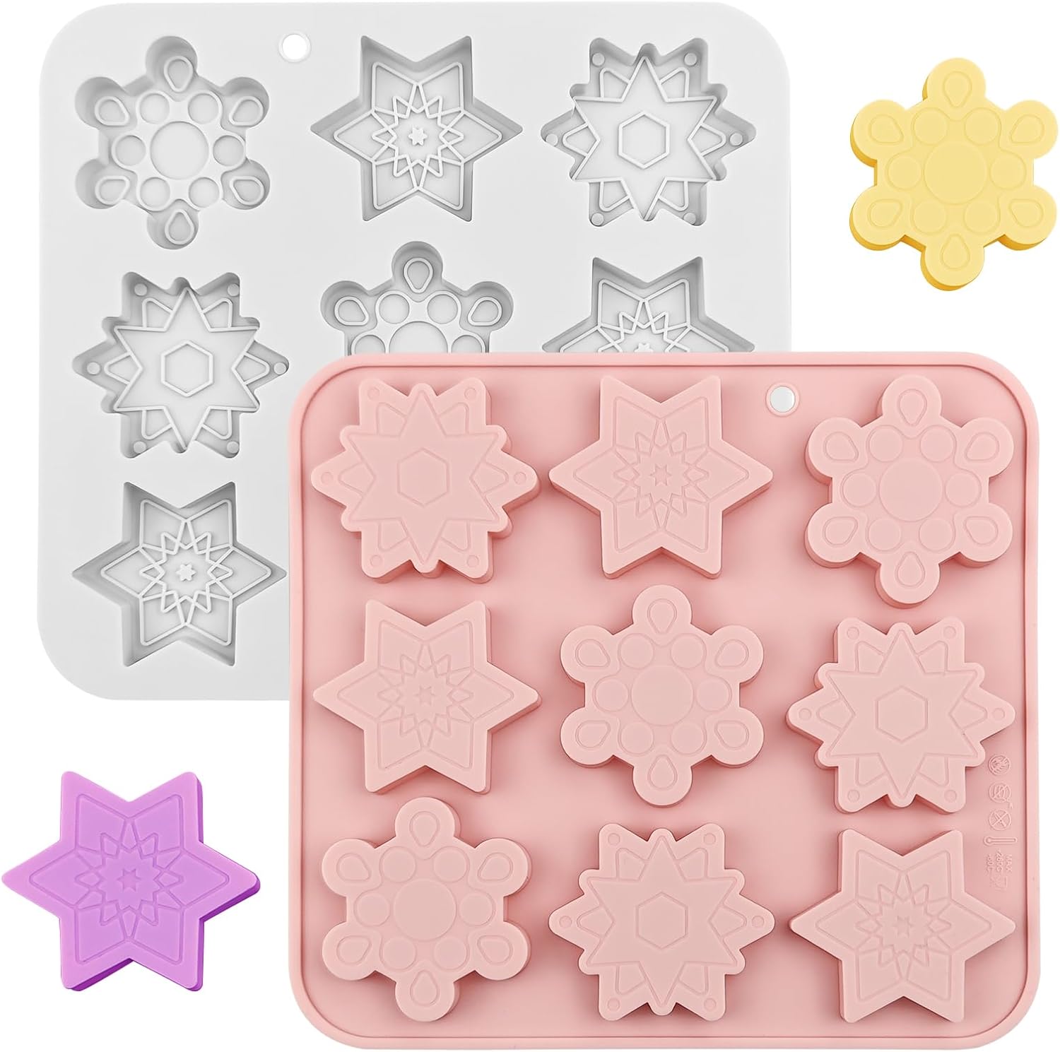 2 Pack Snowflake Silicone Mold, Christmas Snowflakes Chocolate Mold 9 Shapes Snowflake Soap Ice Cube Mold for Candle Jello Candy Holiday DIY Crafts