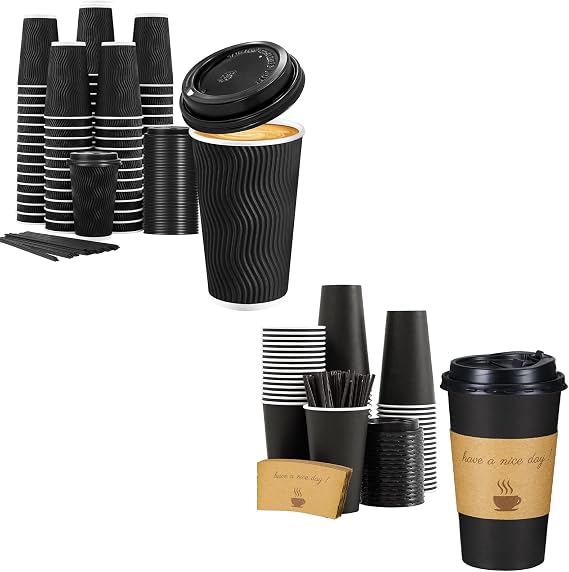 Lamosi Black 16 OZ 60 Pack Cups with Lids and 16 OZ 50 Pack Cups with Lids Sleeves and Stirs