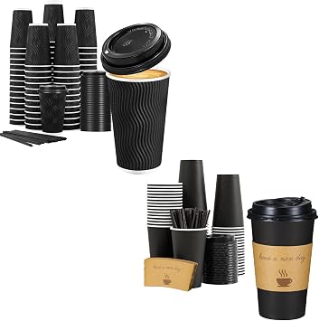 Lamosi Black 16 OZ 60 Pack Cups with Lids and 16 OZ 50 Pack Cups with Lids Sleeves and Stirs