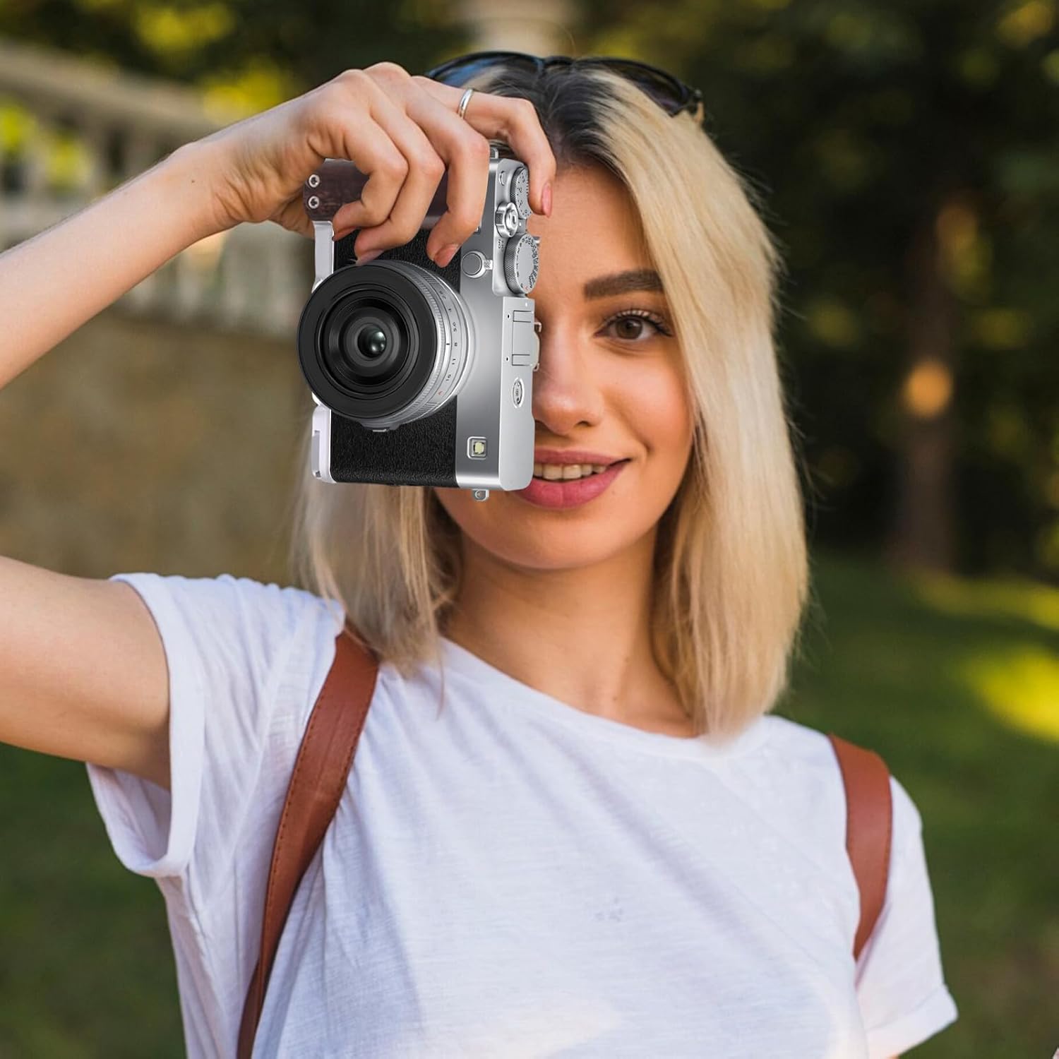 X-E5用L字型カメラプレート - 木製ハンドグリップ付き軽量用品 - カメラLブラケット 旅行 キャンプ ハイキング 魚 散歩 サ