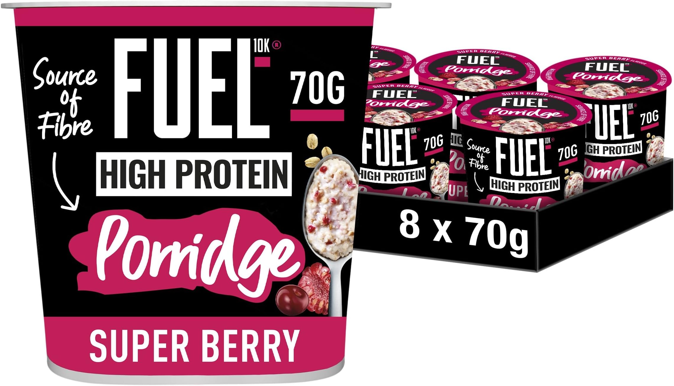 FUEL10K High Protein Super Berry Porridge Pot, 13g Protein & Source of Fibre, 70g (Pack of 8)