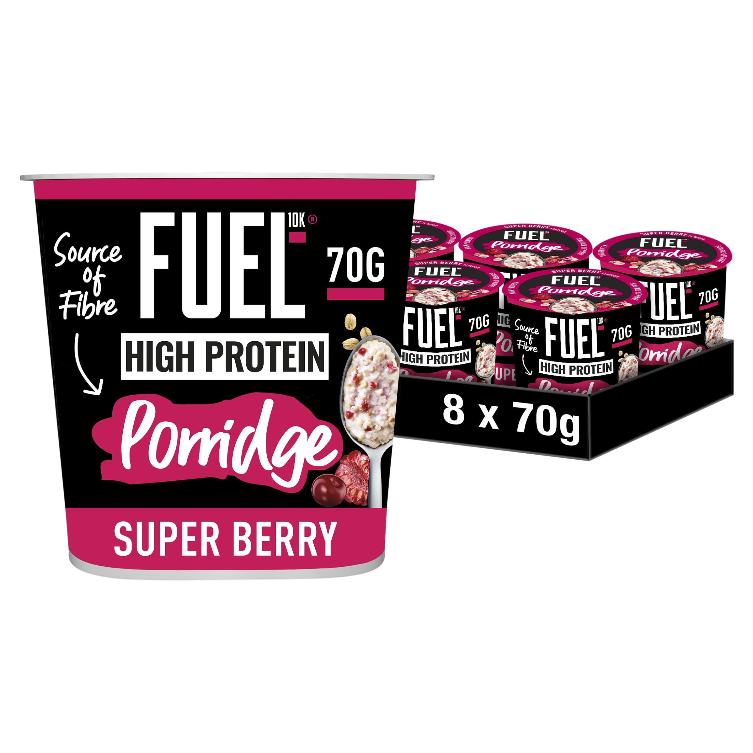 FUEL10K High Protein Super Berry Porridge Oat Cereal Pot, 70 g (Pack of 8)