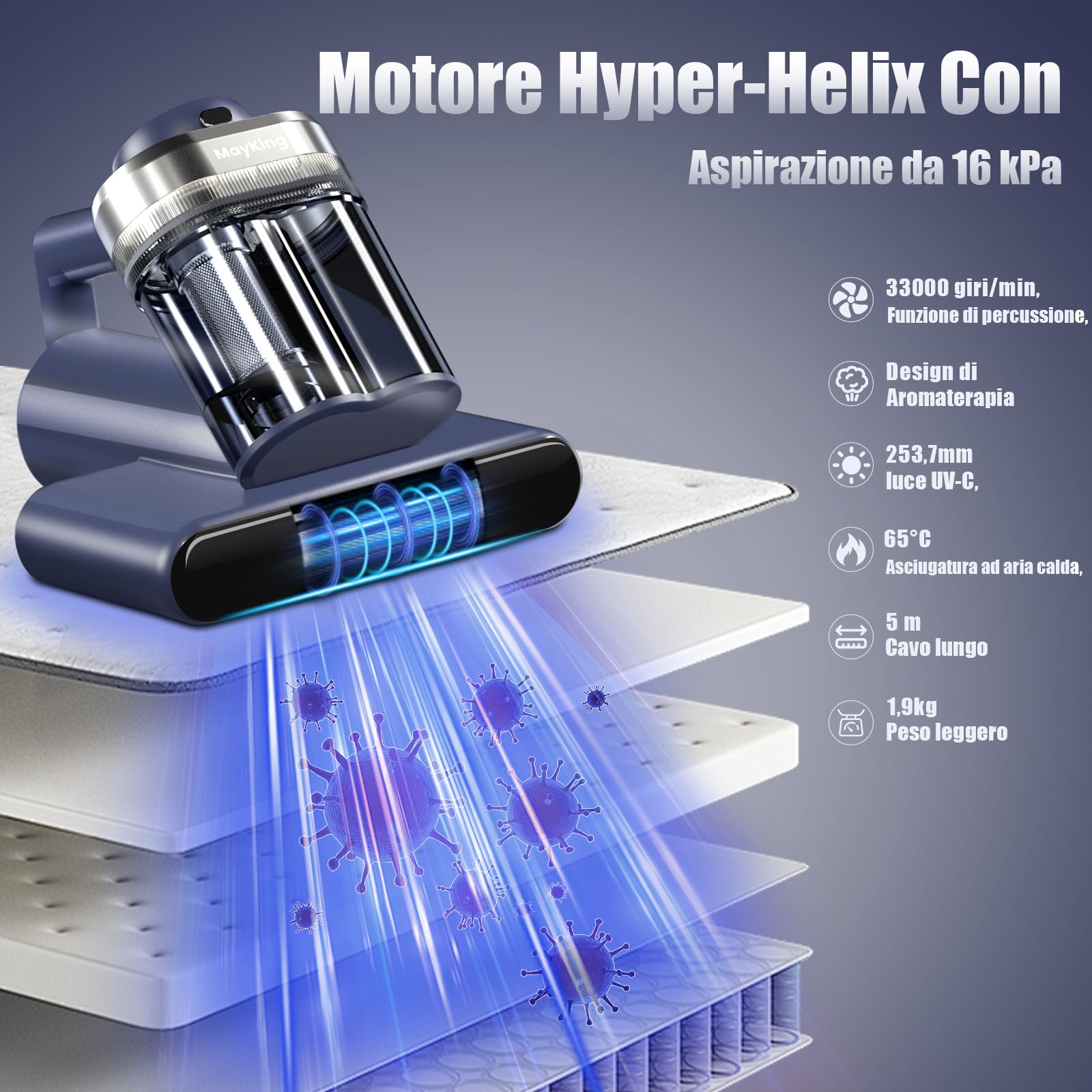Mayking Antiacaro Aspirapolvere Con Luce Uv, 16 Kpa, Filtro Hepa Aspirapolvere Per Materassi, Riscaldamento A 65 °C, Ultrasuoni, Aromaterapia, Doppio Filtro Ciclonico Per Letti E Divani