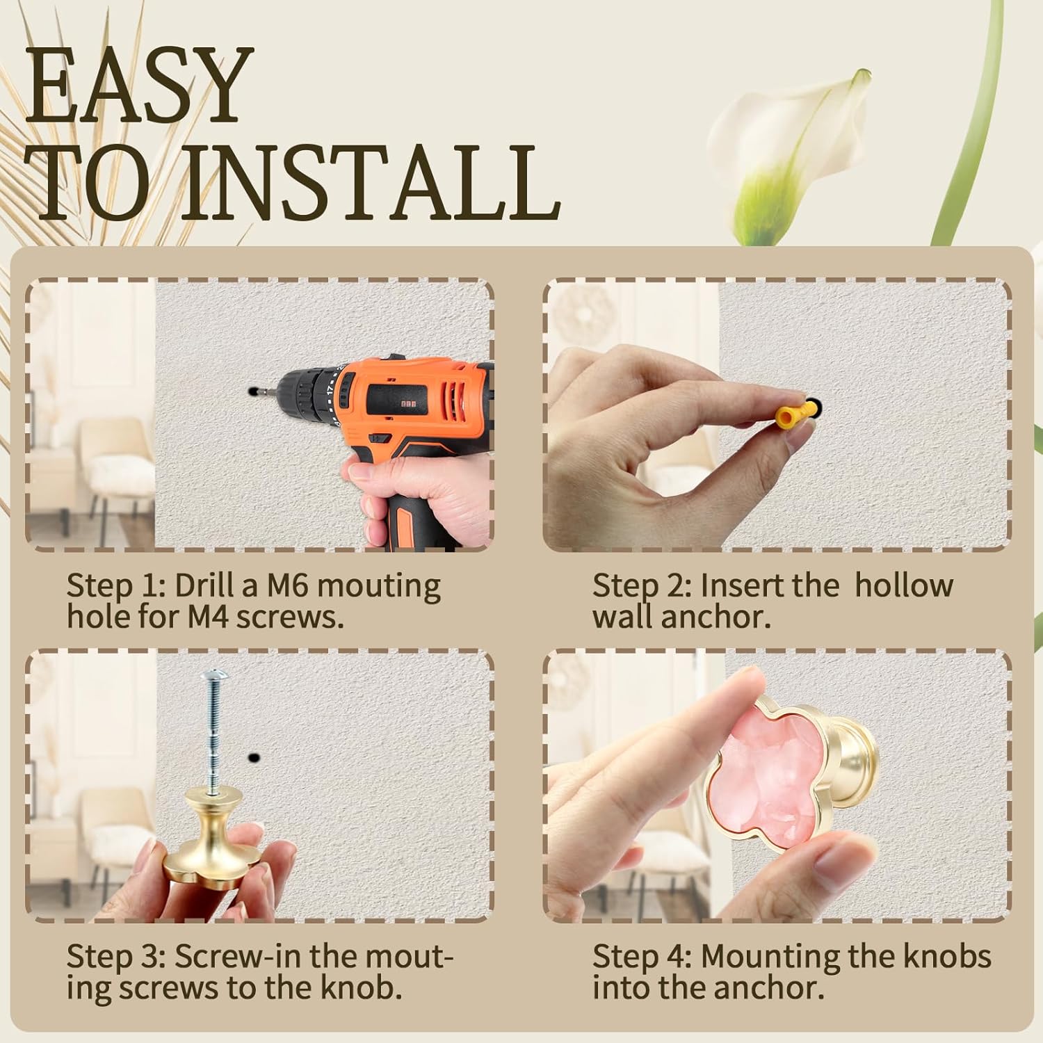 6 Pack Cabinet Knobs - Clover Decorative Drawer Knobs, Brushed Gold Kitchen Cabinet Pulls, Vanity Drawer Handles for Closet, Cupboard, Pantry (Pink)