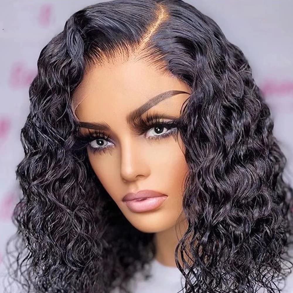 ten chopsticks 13X6 HD Transparent Short Bob Wig Glueless Lace Front Human Hair Wigs for Black Women Short Curly Water Wave HD Invisible Lace Front Human Hair Wigs with Bleached Knots Baby Hair 8"