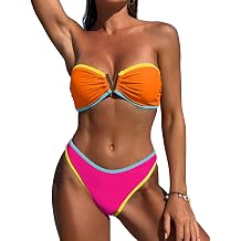 ZAFUL Womens Bandeau Bikini V Strapless Confetti Colorblock Tie Back High Cut Two Piece Swimsuit Bathing Suits