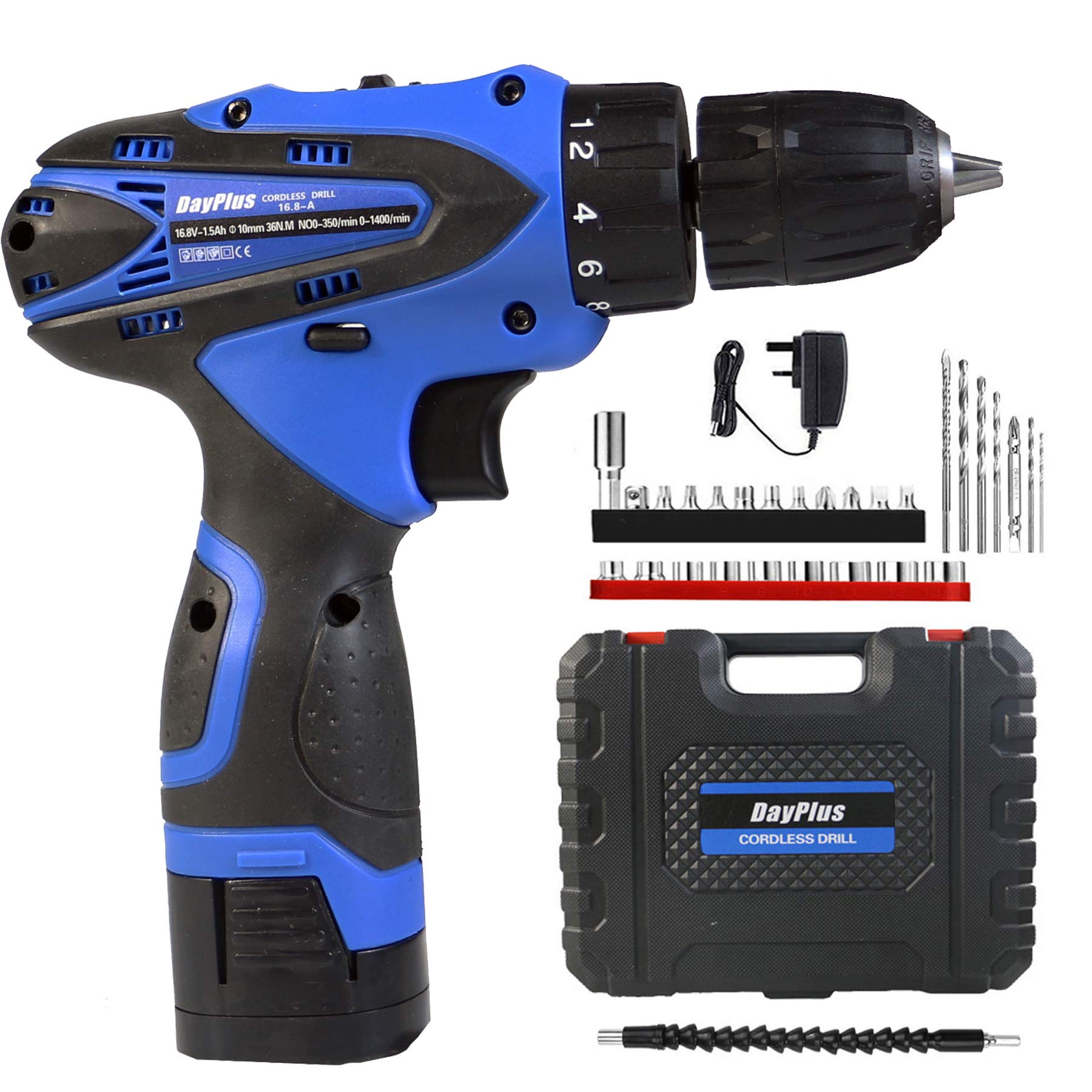 Powerful 16.8V Cordless Drill, 45N.m High Torque,Lightweight,1.5Ah Battery, Fast Charger, 350RPM Max Speed and 1400RPM, Variable Speed and 0.8-10mm Quick Chuck