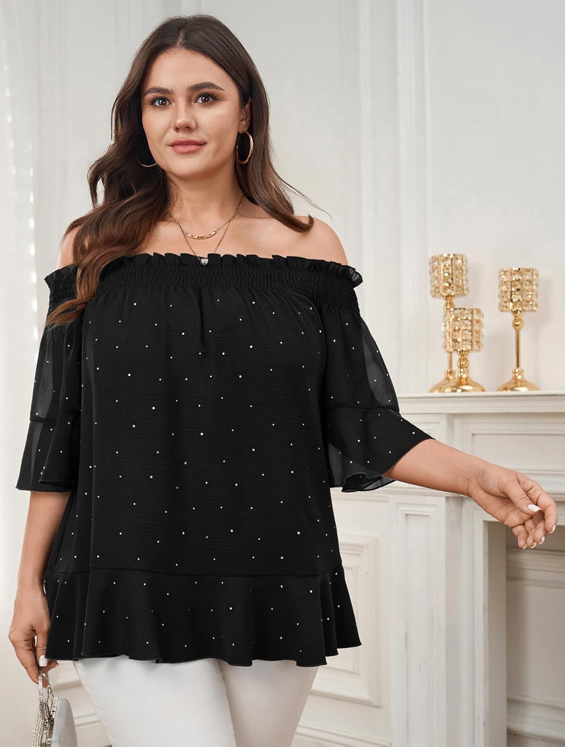 SCOMCHIC Women's Plus Size Off The Shoulder Tops Half Sleeve Chiffon Blouse Ruffle Cocktail Party Evening Shirts - Image 3