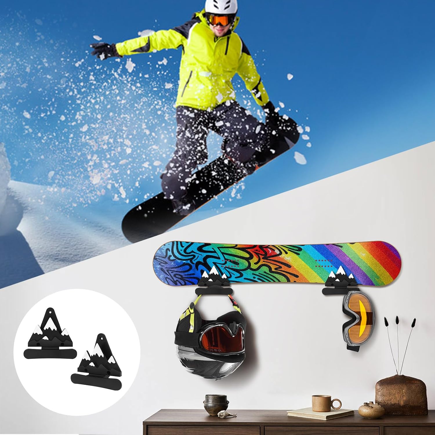 Roliwils Snowboard Wall Mount Set, Easy Installation | Reliable Support | Space-Saving Indoor Snowboard Storage for Living Room/Bedroom/Garage | Mountain-Themed Wall Art | Universal Hanging Wall Rack