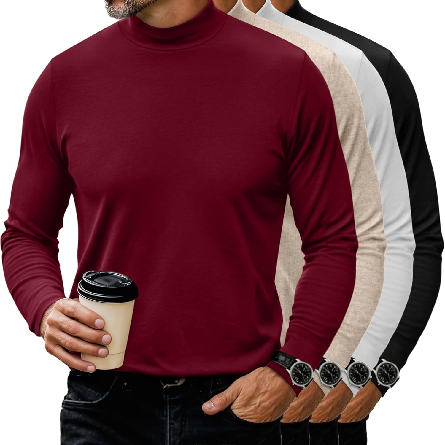 Neer 4 Pack Men's Mock Neck Shirts, Long Sleeve Turtleneck Pullover Tops Slim Fit Casual T Shirts Lightweight Basic Sweaters