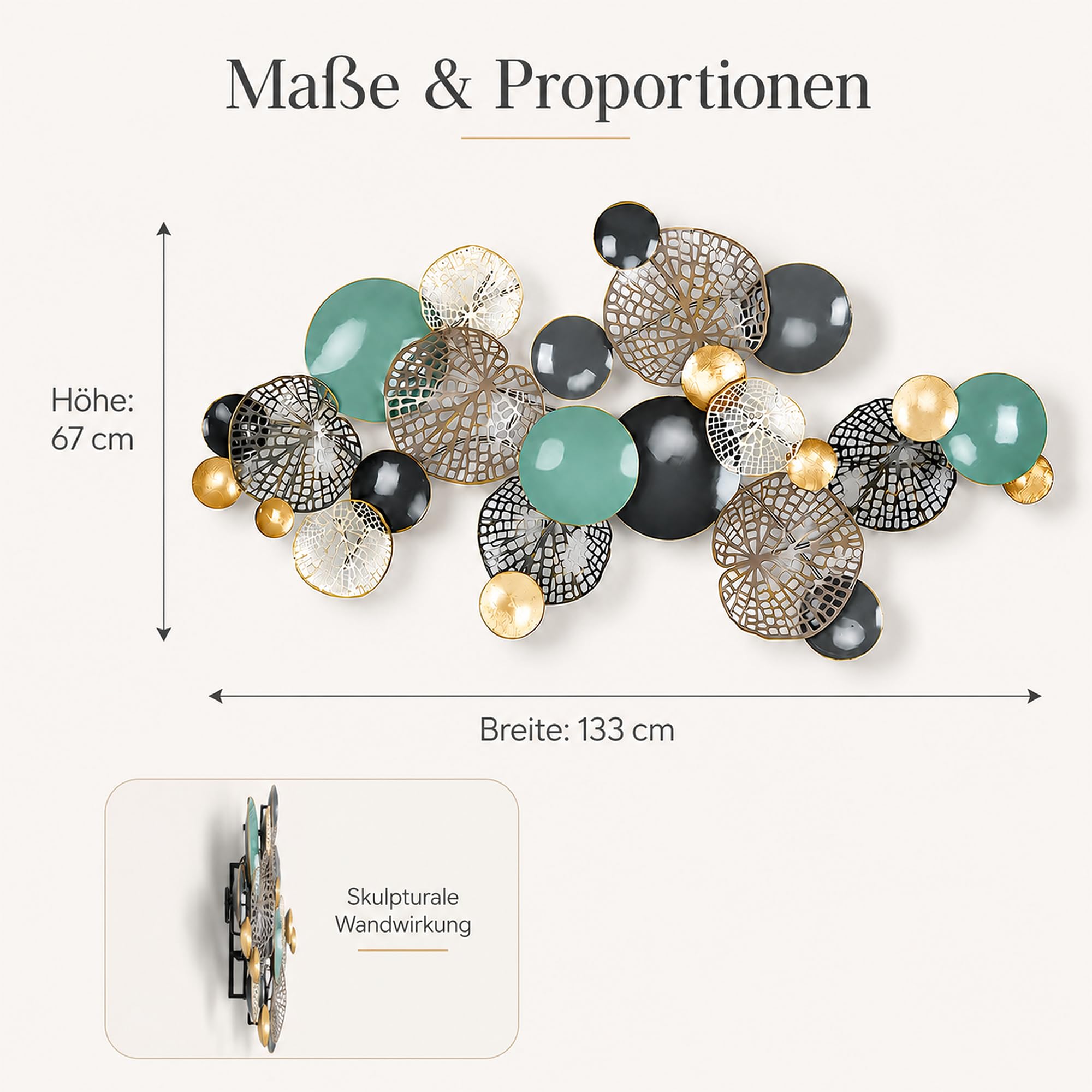 Blissio Moderne Wanddeko Metall,Groß Wanddeko Wohnzimmer,Horizontal und Vertikal Aufhängbar,für Esszimmer,Flur & Büro,Einfache Montage,Lotusblatt Wanddeko - 133CM
