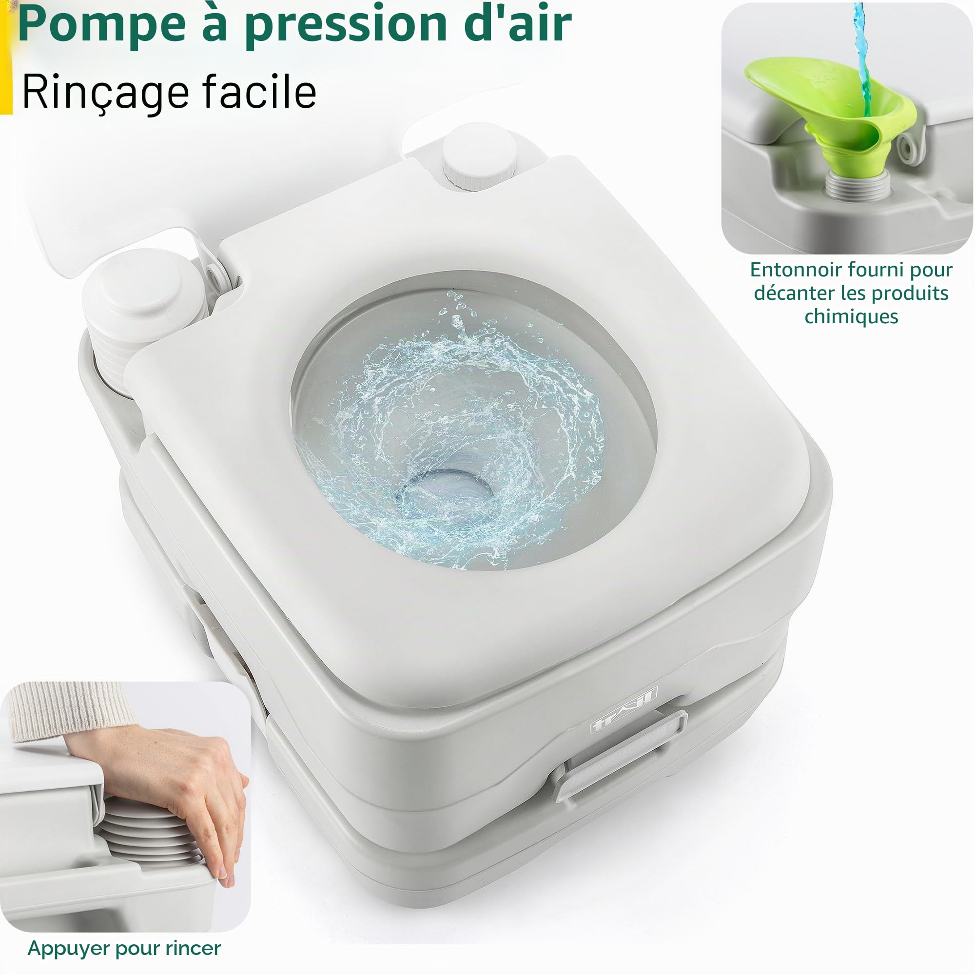 Trail Toilette Portable, Toilette Camping avec Chasse d'Eau et Grand Réservoir Détachable (10 L/20 L), Vanne à Guillotine Hygiénique Avec Double Joint pour Prévenir les Odeurs