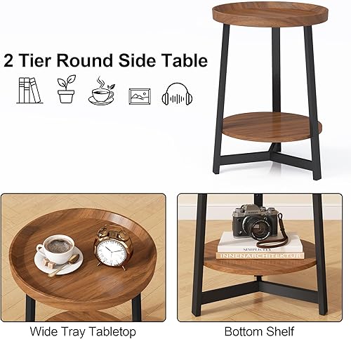 Miniatura 7 de Mesa auxiliar redonda industrial de 2 niveles con estante de almacenamiento, mesa auxiliar con bandeja decorativa con soporte de metal triangular,