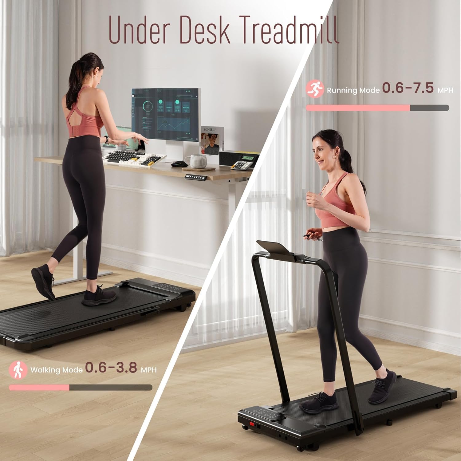 DeerRun 3-in-1 Under Desk Treadmill in walking and running modes