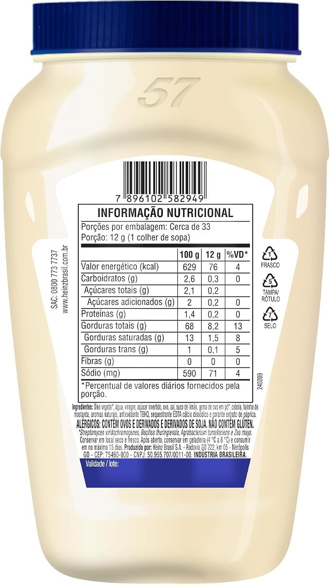Verso do pote de Maionese Heinz exibindo a tabela de informação nutricional e a lista de ingredientes