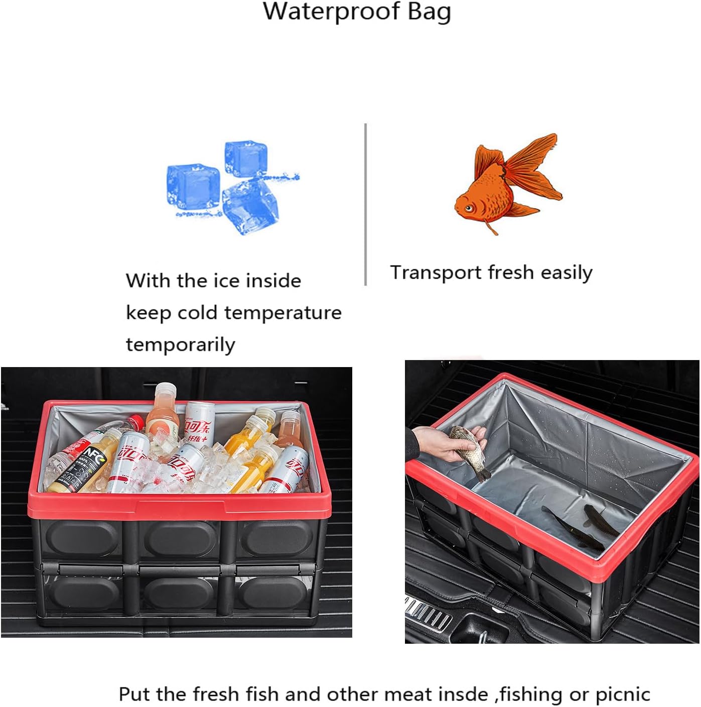 KINGCAV Plastic Durable Cargo Storage Bins with Lid Waterproof Liner Trunk Storage Box with Secure Snap-on Lid Car Trunk Organizer Collapsible Hard Plastic Tote for Camping,Groceries Closet