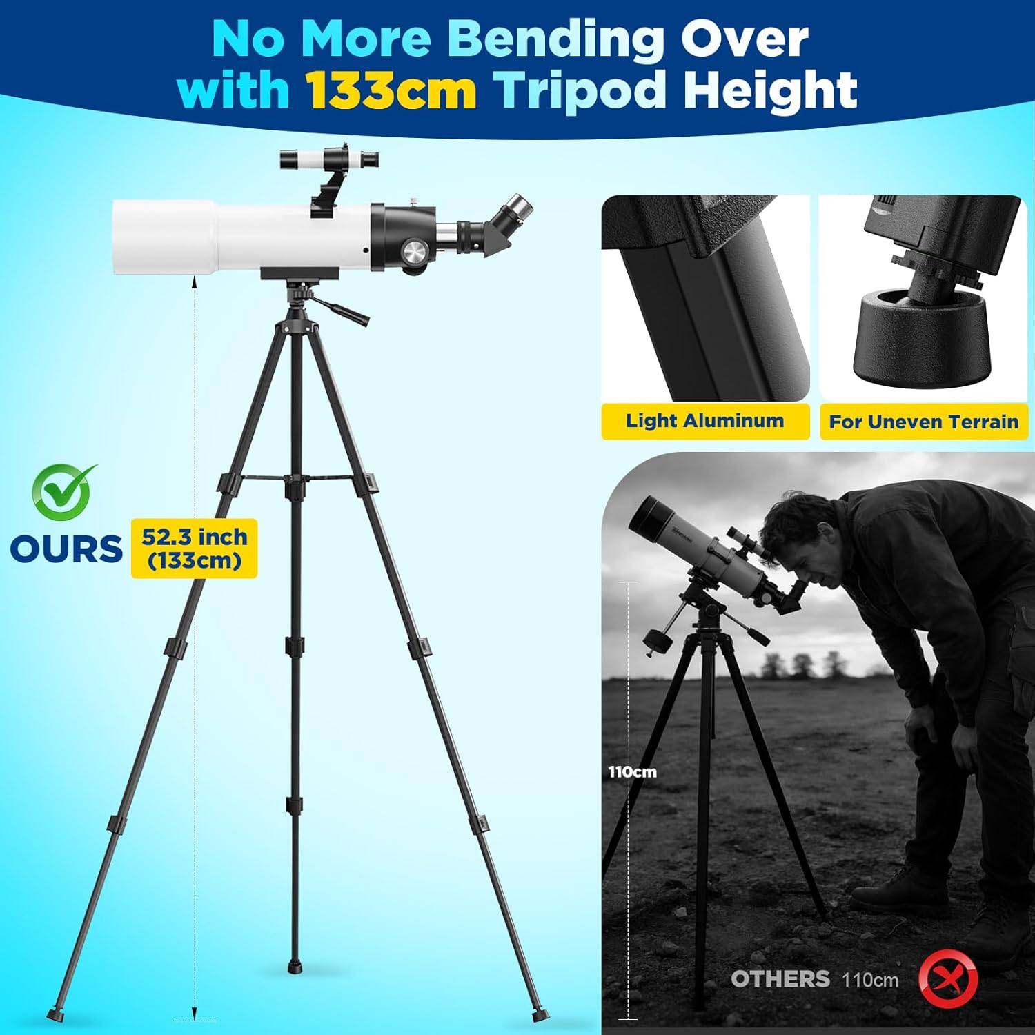 90mm Refractor Telescope for Adults & Kids 8+: 150X High Power, 500mm Focal Length, Professional Astronomical Scope with 133cm Tripod for Stargazing, Xmas Toy Gift for Beginners Boy Girls