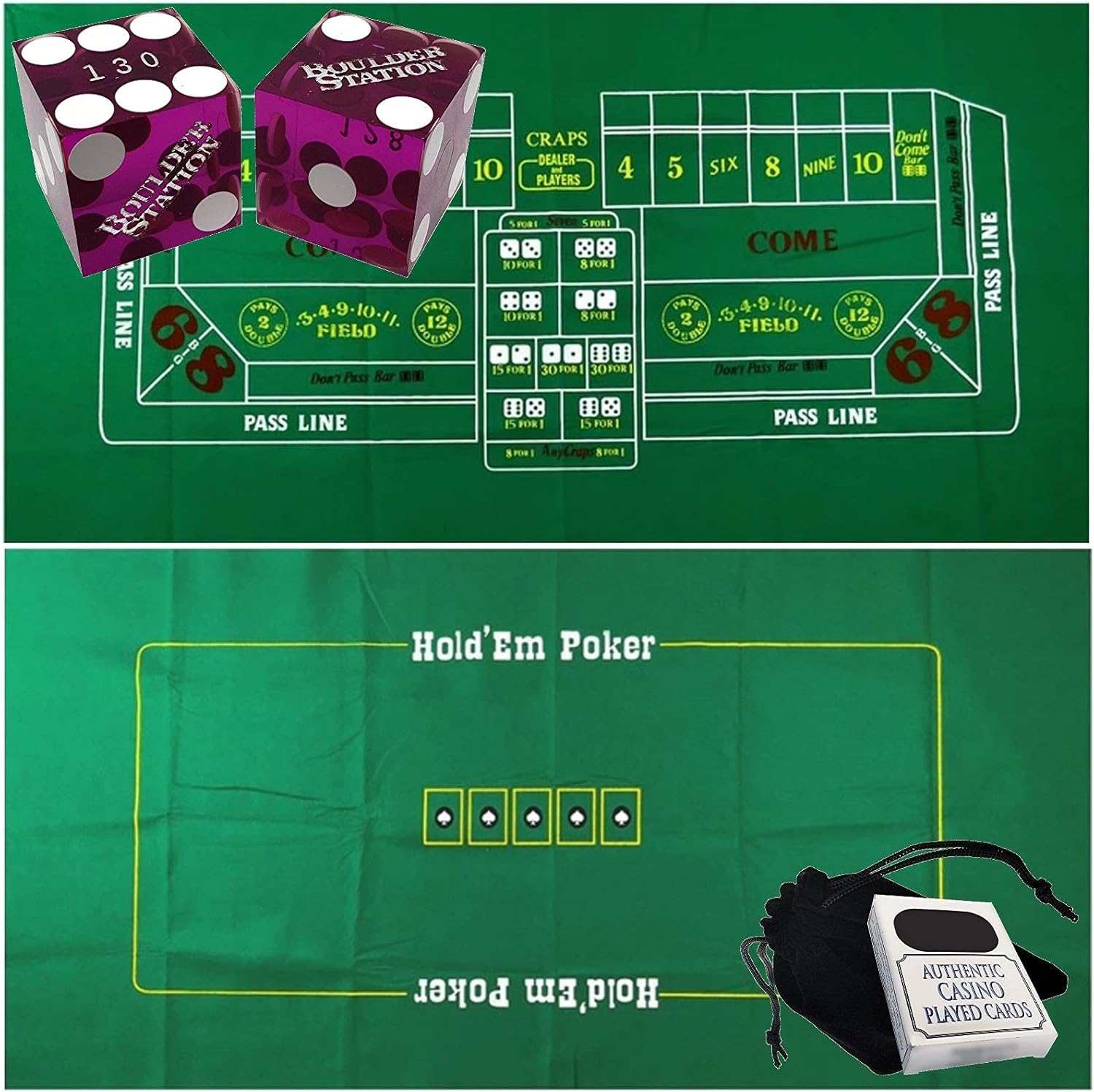 Cyber-Deals Craps & Texas Hold'em Poker Essentials Set: 2-Sided 6ft x 3ft Felt Layout, Las Vegas Casino Table-Played Dice & Cards, Plus Storage Pouch (Boulder Station (Purple Polished))
