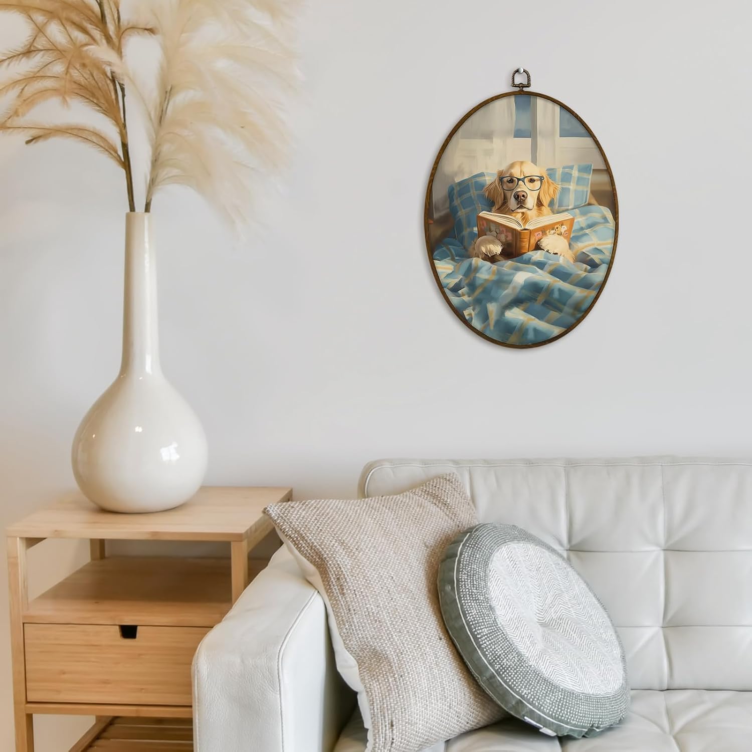 GWFSJYU Vintage Golden Retriever Reading Book Framed Oval Wall Art Decor, Whimsical Golden Retriever Dog Gifts Canvas Prints Wall Art, Funny Dog Lovers Gifts Hanging Decor for Living Room, 8.7x11.3 image 4