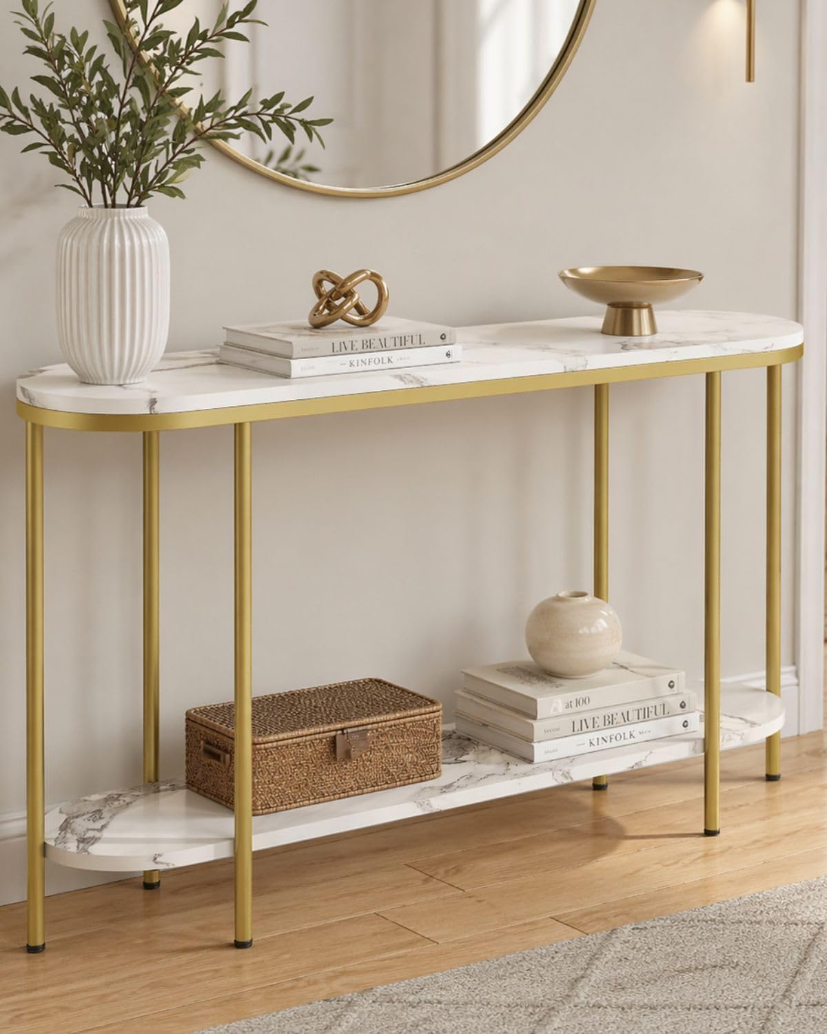 Karl home 2-Tier Console Table for Entryway, Entryway Table with Storage Shelves White Round Marbled Tabletop Gold Metal Frame, Modern Behind Couch Table for Living Room Hallway Entrance Foyer,42 Inch