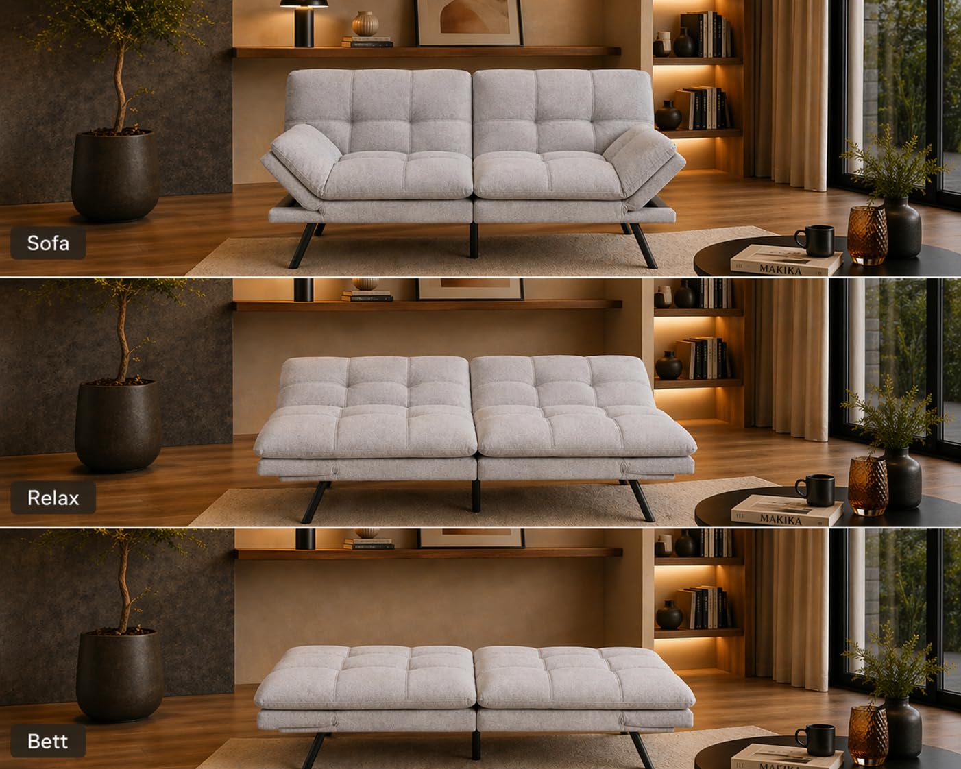 Schlafsofa 3-Sitzer Schlafcouch Paul 3in1 mit Schlaffunktion - verstellbare Armlehnen Rückenlehne Couch Sofa Liegefläche bis 273kg - Klappsofa Bettsofa Gästebett Bett Wohnzimmer (Grau)