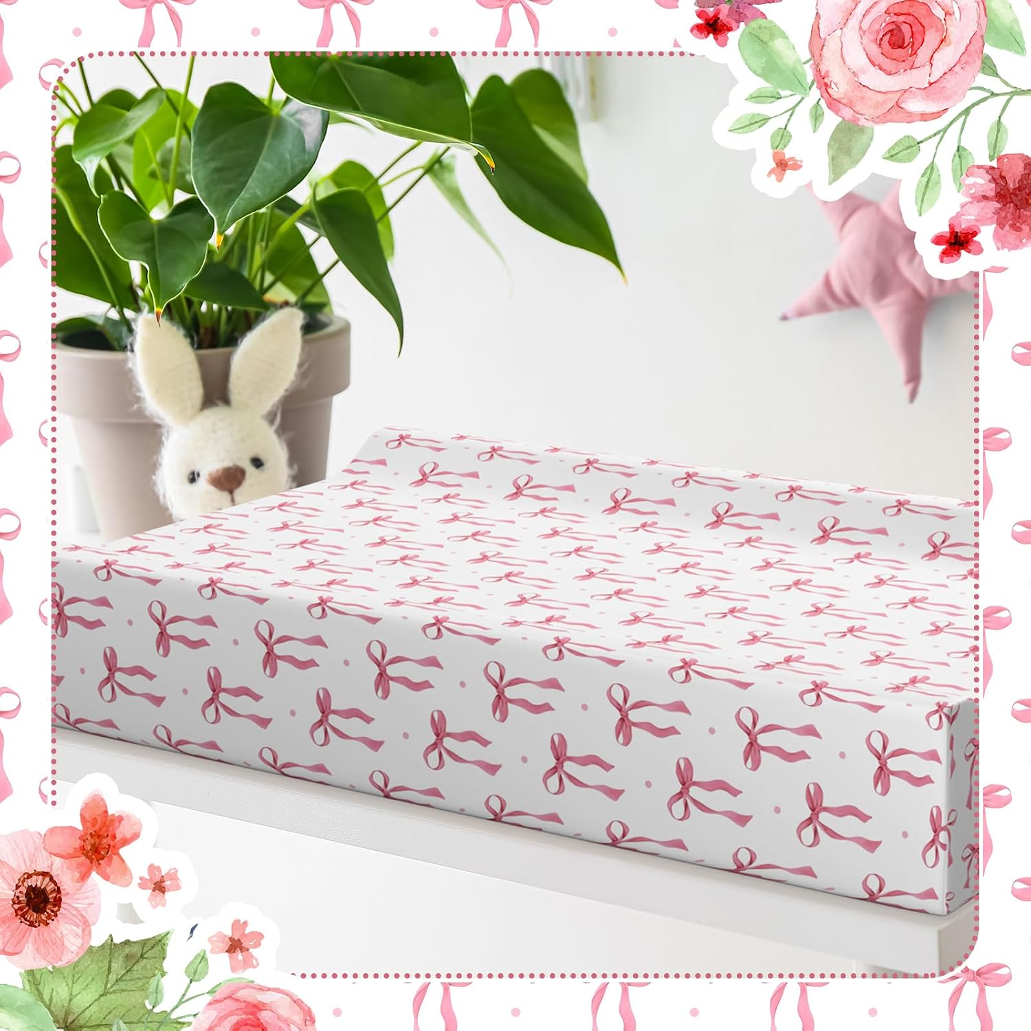 Peryiter 2 Pack Pink Baby Changing Pad Covers Crib Sheets for Girls Pink Bow Changing Pad Covers 32" x 16" Coquette Quilted Cotton Fitted Diaper Sheet Breathable Extra Thick Sheets for Girls