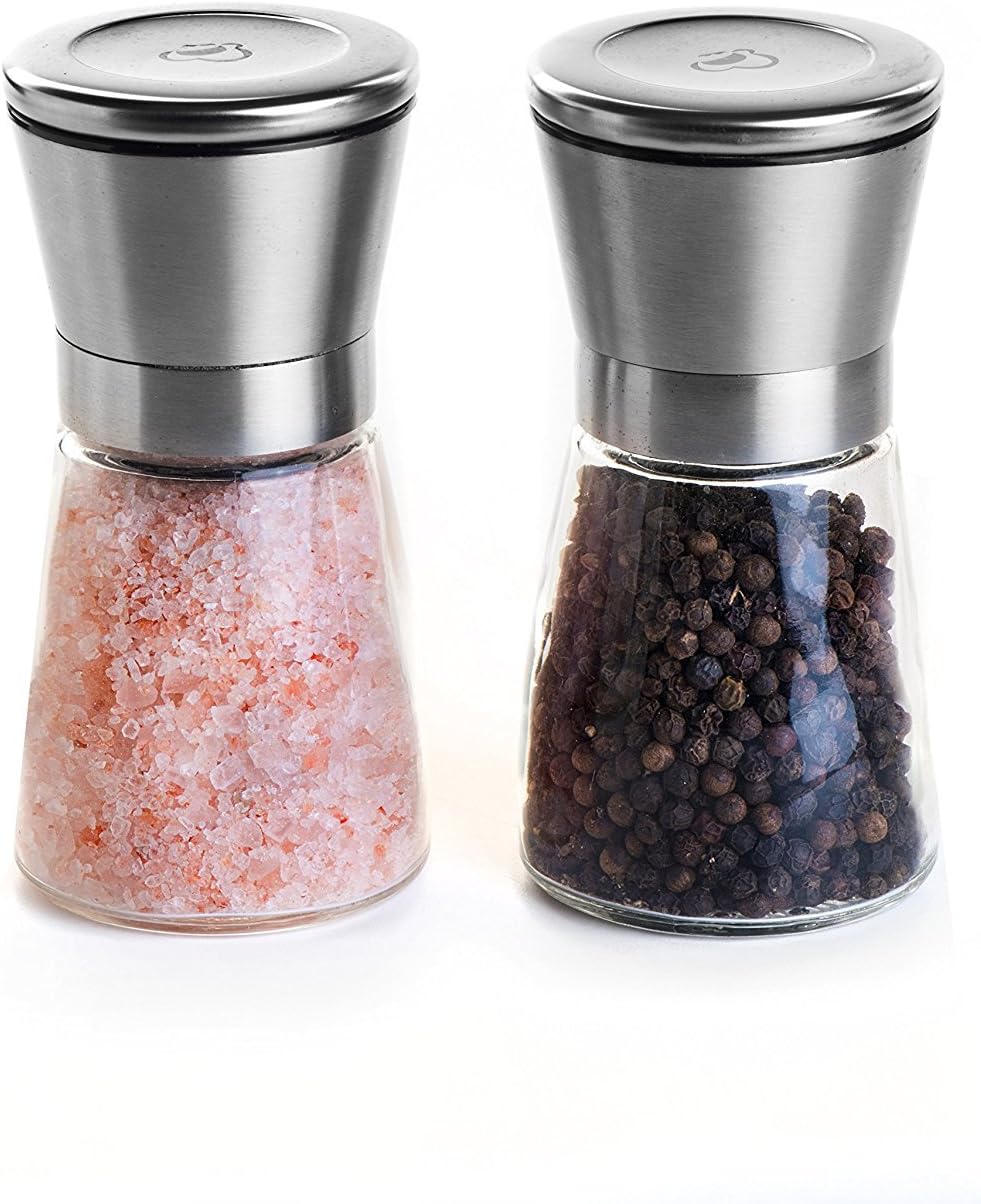 TheUltimateChef Stylish Salt and Pepper Grinder Set- Premium Spice Refillable Grinding Set– Adjustable Coarseness Ceramic Rotor, Glass Body & Brushed Stainless Steel– Buy Now And Get A FREE E-Book