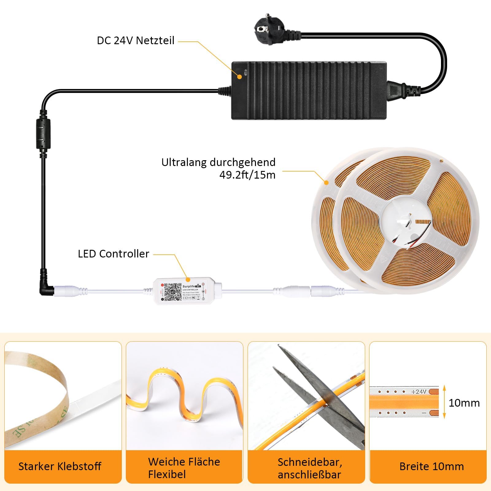 15M Wi-Fi LED Streifen COB - Warmweiss | 24V Mit Fernbedienung, Dimmbar, Timing Funktion, Musik-Sync, Dekoration für Küchenschränke, Feiertage