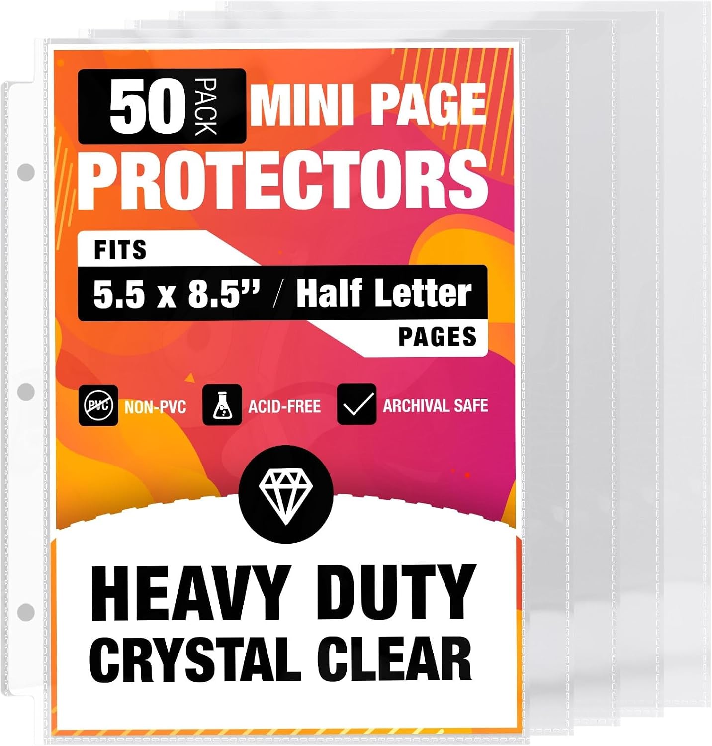 Half Letter 8.5x5.5’’ Pack of 50 Heavy Duty Page Sleeve Protectors for Mini 3-Ring Binders, Top Loading Crystal Clear & Archival Safe Refill Sheets, Acid-Free & Reinforced Holes