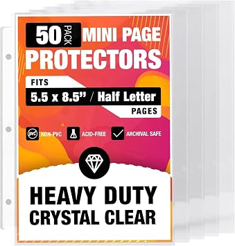 Half Letter 8.5x5.5 Pack of 50 Heavy Duty Page Sleeve Protectors for Mini 3-Ring Binders, Top Loading Crystal Clear & Archival Safe Refill Sheets, Acid-Free & Reinforced Holes
