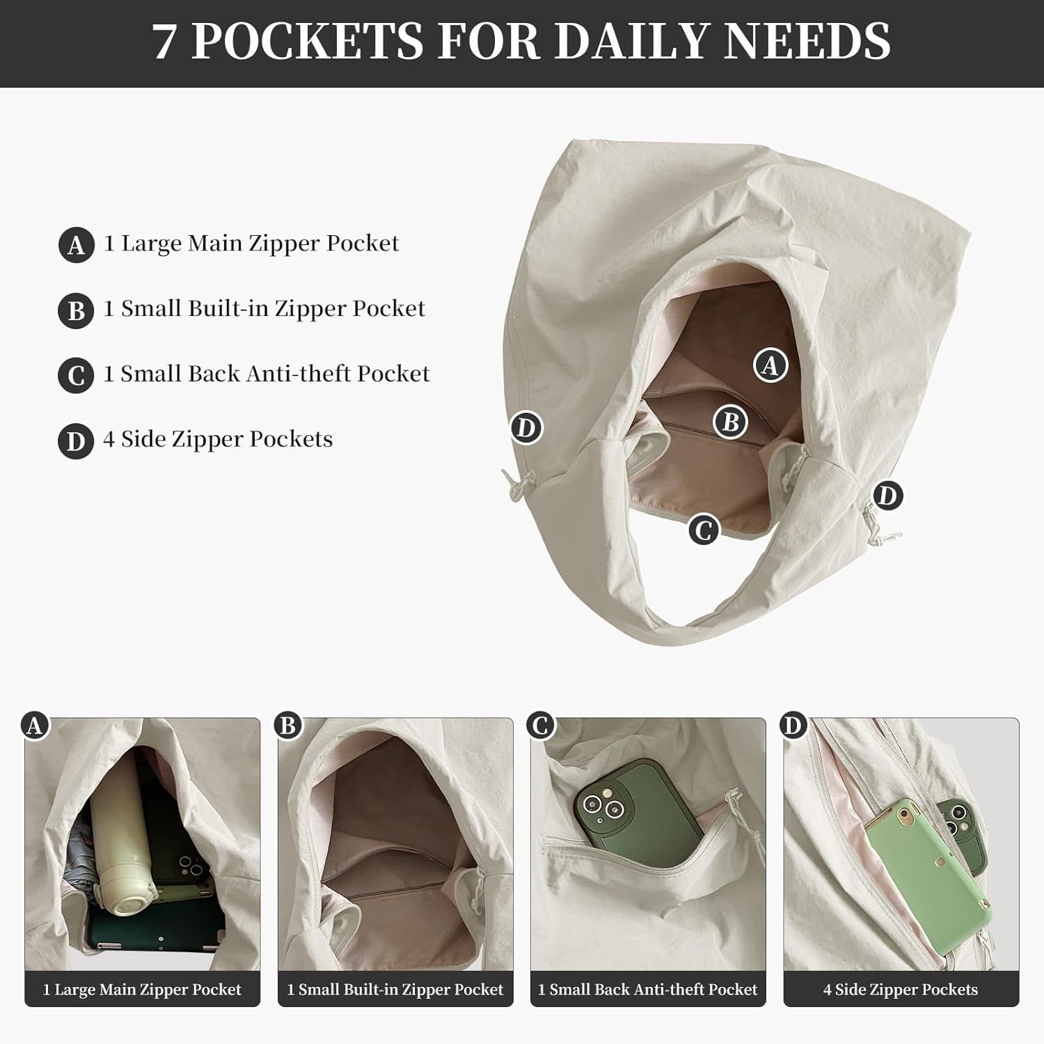 Slouchy Nylon Hobo Bag for Women Large Tote Underarm Shoulder Bag Travel Beach Gym Weekend Vacation - Image 3