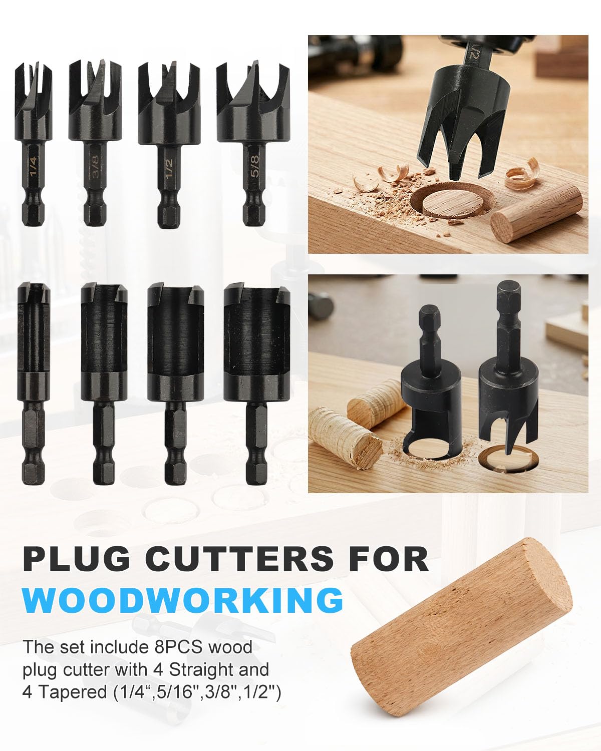 Rocaris 8 Pack Wood Plug Cutter Drill Bit Set, Straight and Tapered Taper Cutting Tool 1/4", 5/8", 3/8", 1/2", 1/4 Inch Hex Shank, Black