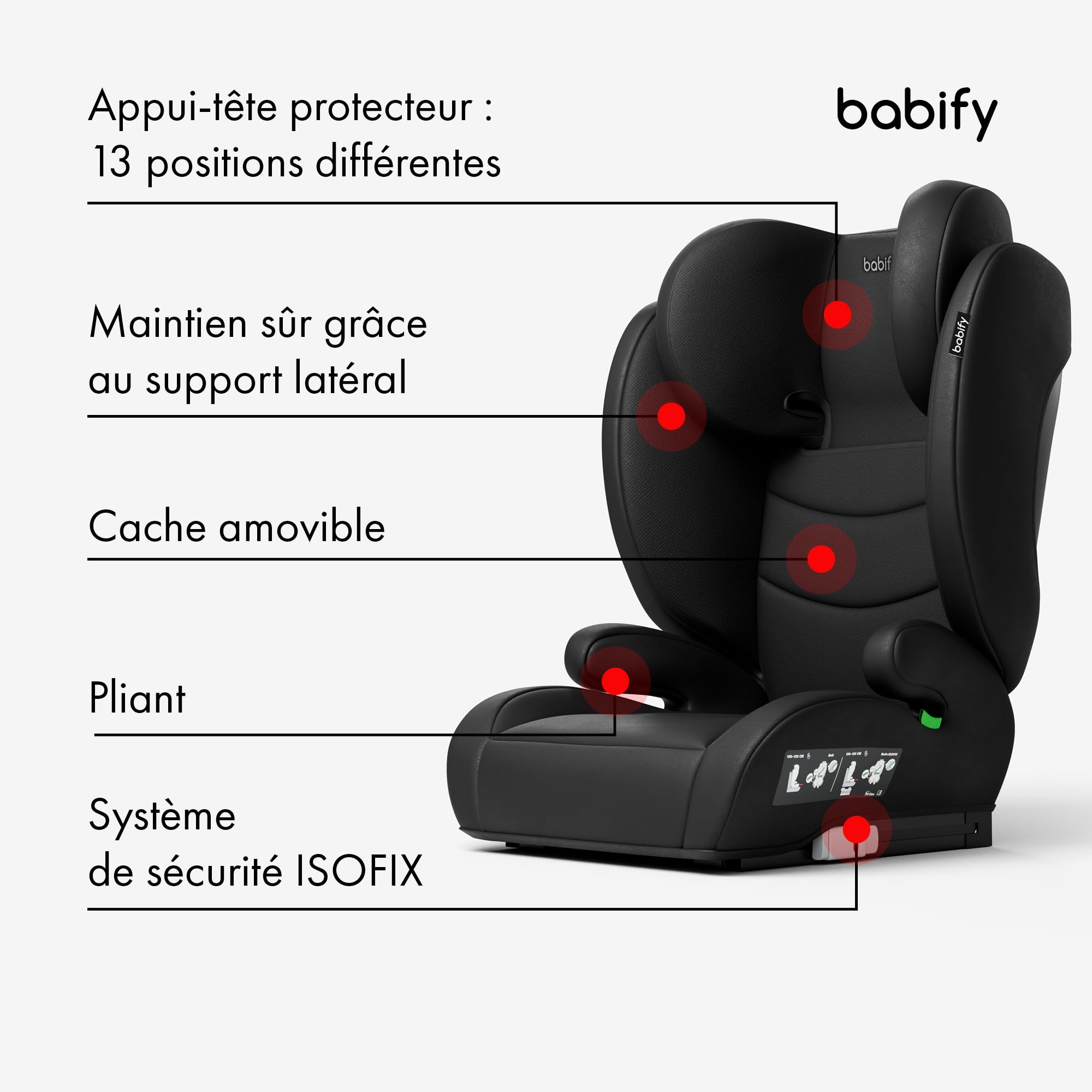 Babify siège Auto 15 à 36 kg - Isofix, appuie-tête 13 Positions, Pliant, Housse Lavable, ECE R129, Confort & sécurité pour Enfant 3-12 Ans, Noir