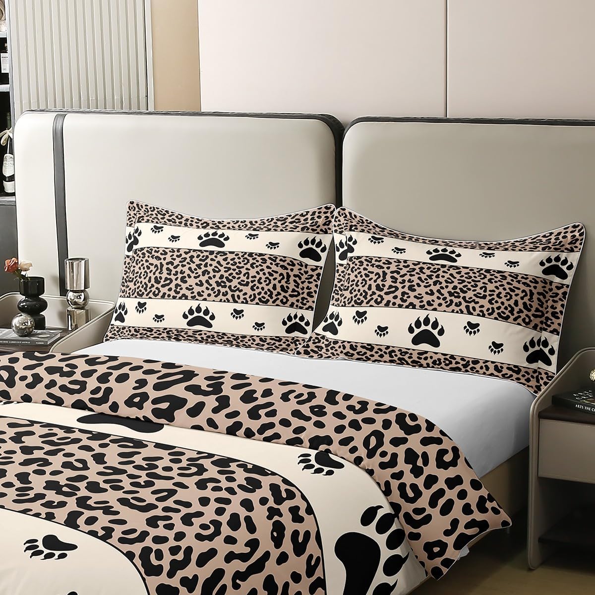 Manfei Leopard Fur Print Cotton Duvet Cover Set(No Comforter),Wild Bear Black Animal Paws Bedding Set,Black Beige Cheetah Fur Stripes Patchwork Quilt Cover Set,Ultra Soft Queen Size image 4
