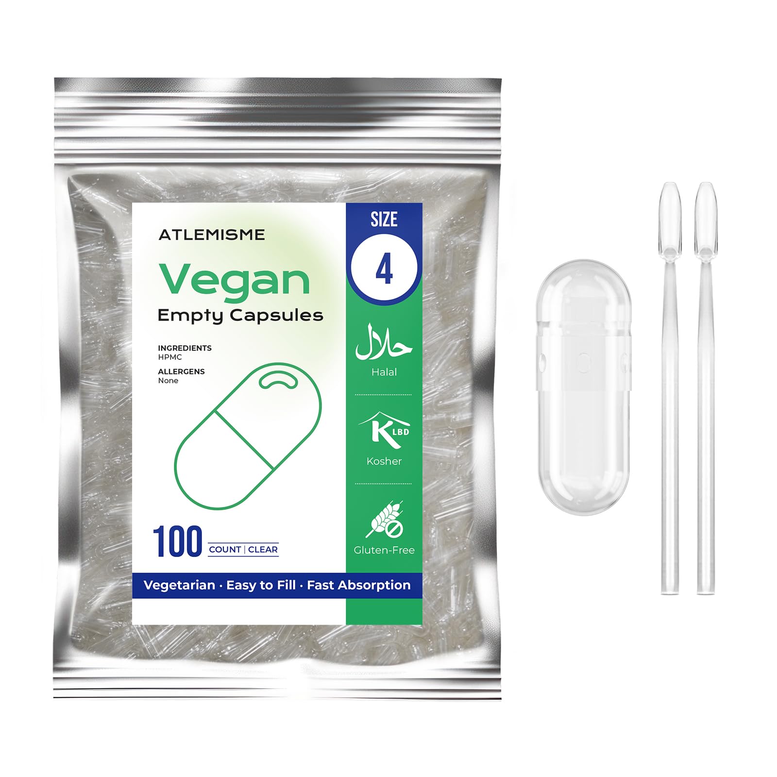 ATLEMISME Cápsulas vazias veganas tamanho 4, 100 cápsulas