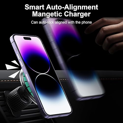 Miniatura 5 de NBT - Soporte magnético inalámbrico para cargador de automóvil, anillo de luz LED de 15 W, carga rápida, alineación automática, soporte de teléfono