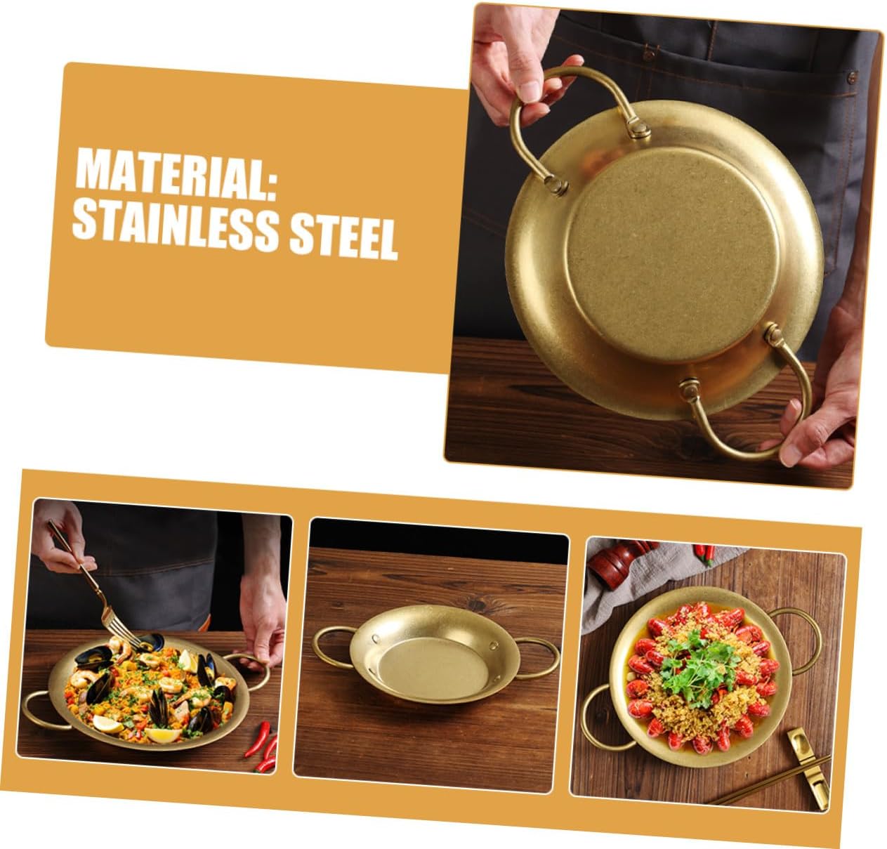 Vintage Spanish Paella Pan 20.5cm Stainless Steel Skillet Double Handle Cooking Pot for Home and Restaurant Use