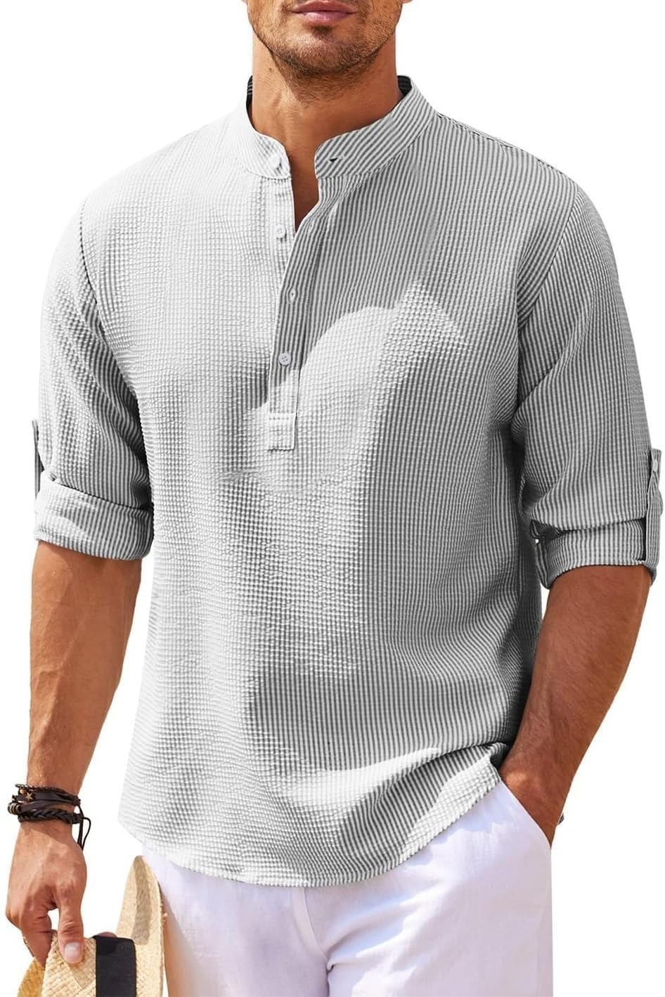 Men's Cotton Linen Long Sleeve Casual Henley Shirt Button Pullover Shirt